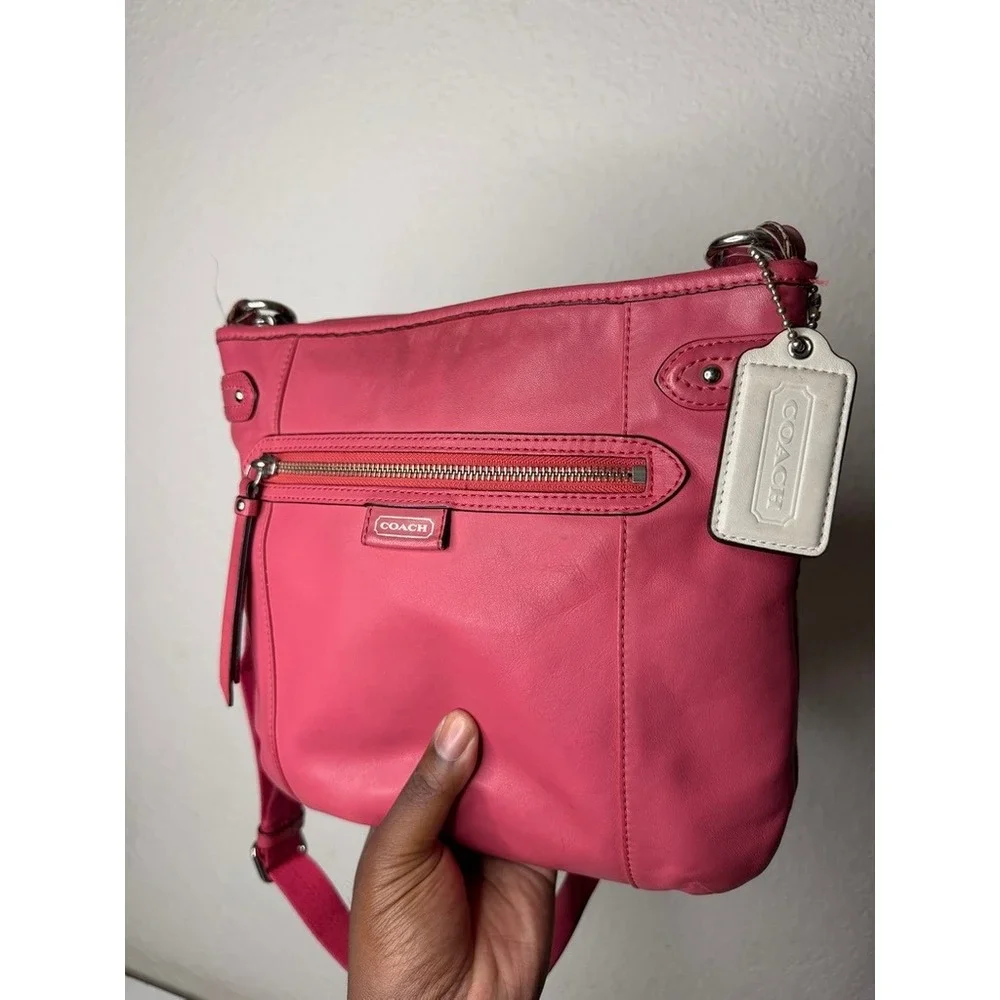 Coach Pink Leather Crossbody Bag F23948 Front Zip Pocket Adjustable Strap